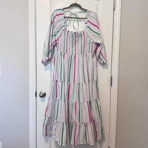 Crown & Ivy Women’s Striped Smocked Tiered Ruffle Cotton Midi Dress NWT Size 2X